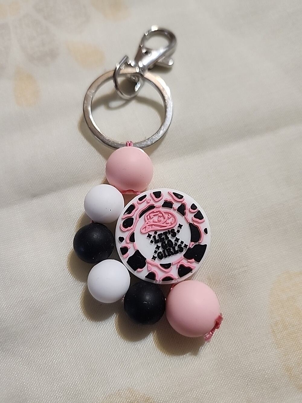 Silicone Bead Keychain Cowgirl 'Let's Go Girl' Pink Black White Handmade